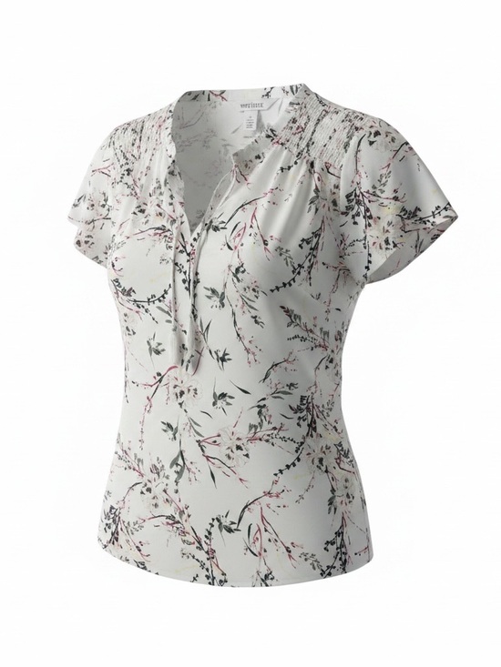 White House Black Market Tops - White House Black Market White Floral V-Neck Short Sleeve Blouse